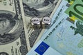 USD EUR banknotes, dices cubes. Selecnive focus Royalty Free Stock Photo