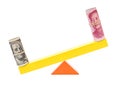 Usd heavier than rmb on teeterboard on white Royalty Free Stock Photo