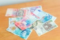 USD, PLN, CHF, UAH, EUR, GBP banknotes on wooden table. Banknotes from different countries Royalty Free Stock Photo