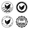 USDA organic. Set of stamp for organic, ecological product or food. Vector icon for product without GMO. Stamp with two Eco leaves