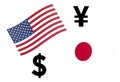 USDJPY forex currency pair vector illustration. American and Japanese flag, with Dollar and Yen symbol Royalty Free Stock Photo