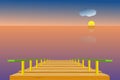 Wooden pier in the sea with sky, sun, clouds, and the horizon line; during dusk time. Vector illustration in flat design.