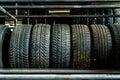 use car tires on the shelf in stock Royalty Free Stock Photo