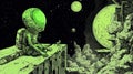 A striking tricolor composition featuring black, white, and green, highlighting a small green alien in a surreal, Moebius-style Royalty Free Stock Photo