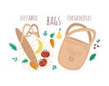 Use fabric bags for groceries. A banner on the topic of zero waste. Fabric mesh bag, reusable items. Rejection of plastic bags.