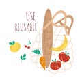 Use fabric bags for groceries. A banner on the topic of zero waste. Fabric mesh bag, reusable items. Rejection of plastic bags.