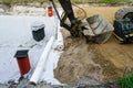 Use of geotextile fabric rolls for drainage and separation of base layers in street reconstruction Royalty Free Stock Photo