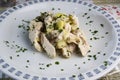 Chicken cooked under vacuum at low temperature with leeks and capers