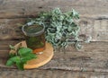 Use of the Melissa herb for medicinal purposes.Dried leaves of Melissa or mint with a fresh twig and decoction in a glass on an Royalty Free Stock Photo