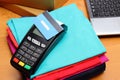 Use payment terminal with contactless credit card for paying for purchases Royalty Free Stock Photo