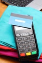 Use payment terminal with contactless credit card for paying for purchases Royalty Free Stock Photo