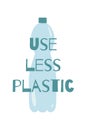 Use less plastic text on the plastic bottle Ecology typography poster, motivational print design Vector Royalty Free Stock Photo