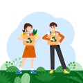 Use recycling bags. Girl and boy with goods in recycling bags. Ecology, rubbish removal