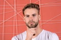 Use right product styling hair. Confident with tidy hairstyle. Barber hairstyle tips. Man bearded guy modern hairstyle Royalty Free Stock Photo