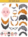 Use a scissors to cut and glue the imaginary face. Educational page for little children. Printable template with exercise for kids