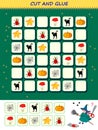 Use a scissors to cut and glue objects in order. Logic Sudoku puzzle game. Educational page for children. Printable template for