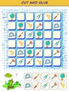 Use a scissors to cut and glue school items in order. Back to school. Logic Sudoku puzzle game. Educational page for children.