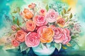 Use watercolors to create a vibrant and colorful painting of a bouquet of roses