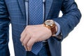 Use your time wisely. Luxury watch worn on male wrist. Time management Royalty Free Stock Photo