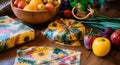 Usecase of multiuse beeswax food wraps, table topped with fruit and vegetables on top of a wooden table. AI generative