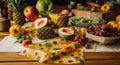 Usecase of multiuse beeswax food wraps, a table topped with lots of different types of fruit. Generative AI image.