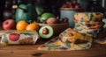 Usecase of multiuse beeswax food wraps, a wooden table topped with fruit and a sandwich. AI generative image. Royalty Free Stock Photo