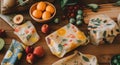 Usecase of multiuse beeswax food wraps, a wooden table topped with fruit and vegetables. AI generative image.