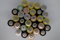 Top view of used alkaline batteries. Closeup of old AA batteries ready for recycling, colorful batteries - Image
