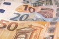 Used banknotes of 50 euros 20 euros 10 euros 5 euros stacked upwards slightly out of focus Royalty Free Stock Photo