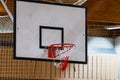 Used basketball backboard, hoop, net inside of basketball court, Left side view