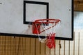 Used basketball backboard, hoop, net inside of basketball court, Left side view, close up