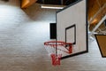 Used basketball backboard, hoop, net inside of basketball court, Right side view Royalty Free Stock Photo