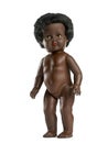 Used black doll in front of a white background