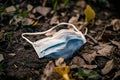 A used blue face mask lying on the grass or pavement Royalty Free Stock Photo