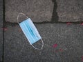 A used, blue surgical mask used for COVID-19 PPE protection, discarded as litter Royalty Free Stock Photo