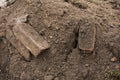 Used bricks in a pile of sand after construction