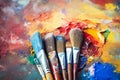 Used brushes on an artist\'s palette of colorful oil paint. Artist\'s PAintbrushes. Colorful Paint Brushes with the Colors. Colorf Royalty Free Stock Photo