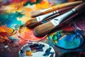 Used brushes on an artist\'s palette of colorful oil paint. Artist\'s PAintbrushes. Colorful Paint Brushes with the Colors. Colorf Royalty Free Stock Photo