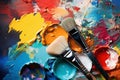 Used brushes on an artist\'s palette of colorful oil paint. Artist\'s PAintbrushes. Colorful Paint Brushes with the Colors. Colorf Royalty Free Stock Photo