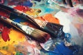 Used brushes on an artist\'s palette of colorful oil paint. Artist\'s PAintbrushes. Colorful Paint Brushes with the Colors. Colorf Royalty Free Stock Photo