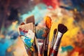 Used brushes on an artist\'s palette of colorful oil paint. Artist\'s PAintbrushes. Colorful Paint Brushes with the Colors. Colorf Royalty Free Stock Photo