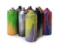 Used cans of spray paints on white background. Graffiti supplies Royalty Free Stock Photo