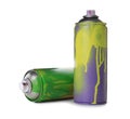 Used cans of spray paints on white background. Graffiti supplies