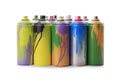 Used cans of spray paints on white background. Graffiti supplies Royalty Free Stock Photo