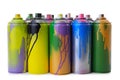 Used cans of spray paints on white background. Graffiti supplies Royalty Free Stock Photo