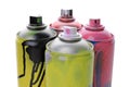 Used cans of spray paints on white background. Graffiti supplies Royalty Free Stock Photo