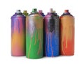 Used cans of spray paints on white background. Graffiti supplies Royalty Free Stock Photo