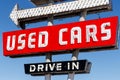 Used Car Drive In neon sign from the 50s at a pre owned car dealership I