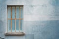 Used Clean Blue Plaster Pastel Wall with Window with Fencing Royalty Free Stock Photo