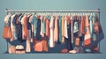Used clothes on racks, hanging on secondhand store hanger rail, generative AI.